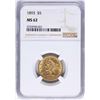 Image 1 : 1893 $5 Liberty Head Half Eagle Gold Coin NGC MS62