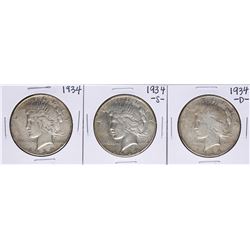 Lot of 1934, 1934-S, & 1934-D $1 Peace Silver Dollar Coins