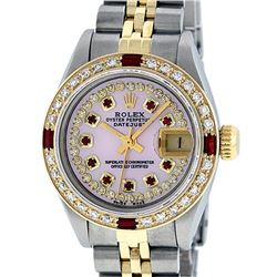 Rolex Ladies Two Tone 14K Pink MOP Diamond & String Ruby Datejust Wristwatch