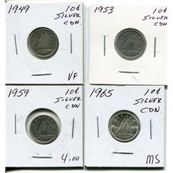 4 CNDN SILVER DIMES 1949, 53, 59, 68