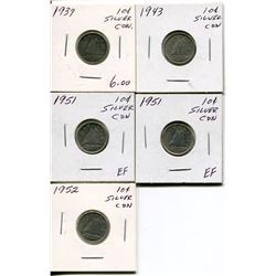 5 CNDN SILVER DIMES 1939, 43, 2 - 1951, 52