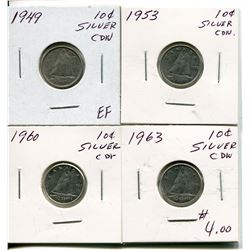 4 CNDN SILVER DIMES 1949, 53, 60, 63