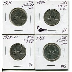 4 CNDN SILVER QUARTERS 1938, 49, 52, 66