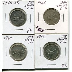 4 CNDN SILVER QUARTERS 1952, 66, 67, 68