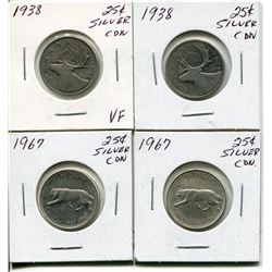 4 CNDN SILVER QUARTERS 2 - 1938, 2 - 1967