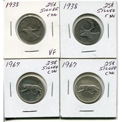 4 CNDN SILVER QUARTERS 2 - 1938, 2 - 1967