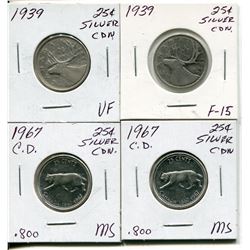 4 CNDN SILVER QUARTERS 2 - 1938, 2 - 1967