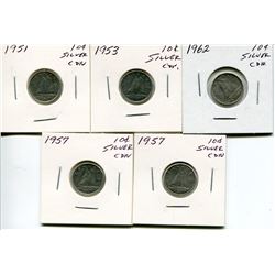 5 CNDN SILVER DIMES 1951, 53, 2 - 57, 62