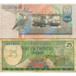 SURINAME 2 OLDER BANK NOTES 25 & 1000 GULDENS