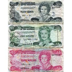 BAHAMAS 3 BANK NOTES $½, $1, $3