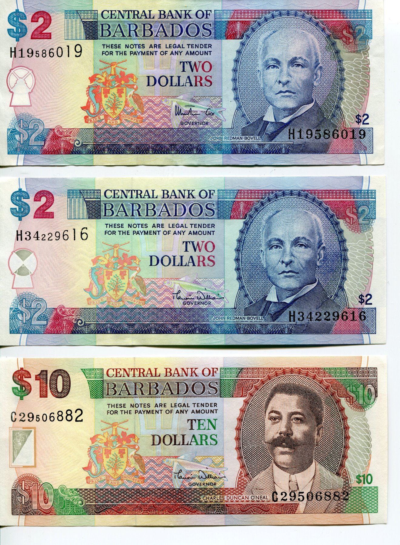 BARBADOS 2 TYPES $2 & ONE $1 BANK NOTES