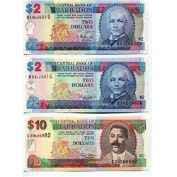 BARBADOS 2 TYPES $2 & ONE $1 BANK NOTES