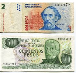 ARGENTINA 2 BANK NOTES 2 & 500 PESOS