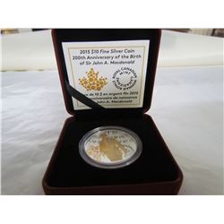 CANADA 2015 PROOF $10 200TH ANNIV OF BIRTH OF JOHN A MACDONALD COIN