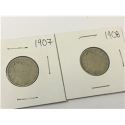 1907 & 1908 USA Liberty Head Nickel