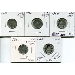 5 CNDN SILVER DIME 1943, 50, 57, 62, 65