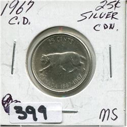 1967 CNDN CONFEDERATION CENTENNIAL SILVER QUARTER QUEEN ROTATED 15°