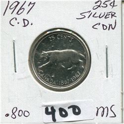 1967 CNDN CONFEDERATION CENTENNIAL SILVER QUARTER QUEEN ROTATED 15°