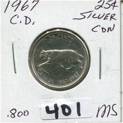 1967 CNDN CONFEDERATION CENTENNIAL SILVER QUARTER QUEEN ROTATED 15°