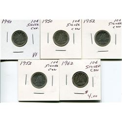 5 CNDN SILVER DIME 1940, 50, 52, 52, 62