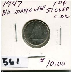 1947 CNDN SILVER DIME NO MAPLE LEAF