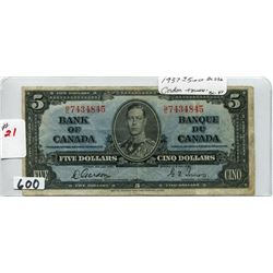 1937 CNDN GORDON TOWERS FIVE DOLLAR NOTE