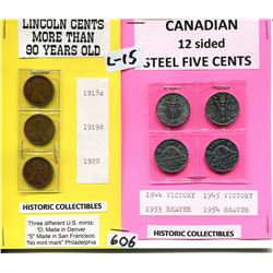 USA LINCOLN PENNIES & CNDN 12 SIDED STEEL NICKELS HISTORIC COLLECTIBLES