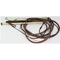 Collection of 3 leather braided bull whips.