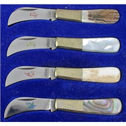 Cased set of 4 hockbill folding knives, 4" long