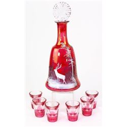 Set of 6 enamel on cranberry glass decanter set