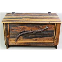Large barnwood trunk with hinging lid,