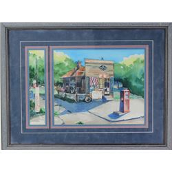 Watercolor of early gas station