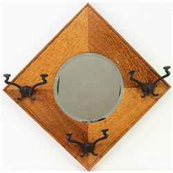 Antique golden oak wall mirror with hooks