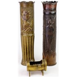 Collection of 3 brass cartridge trench art pieces