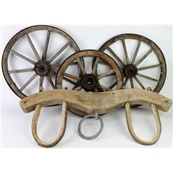 Collection of 3 small wooden wagon wheels