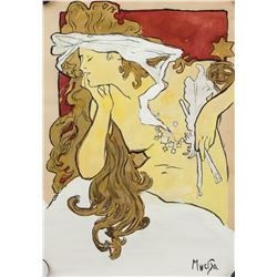 Czech Art Nouveau Ink Gouache Signed Mucha