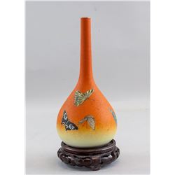 Oriental Orange Porcelain Butterfly Vase w/ Stand