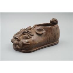 An Old Bronze Shoe Decoration in a "Tiger" Shape.