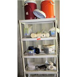 Plastic Shelf and Contents (cooler, PVC fittings, hardware, etc.)