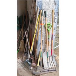 Large Lot of Rakes, Pitchforks, Shovels, Spade, Brooms, etc.