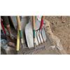 Image 2 : Large Lot of Rakes, Pitchforks, Shovels, Spade, Brooms, etc.