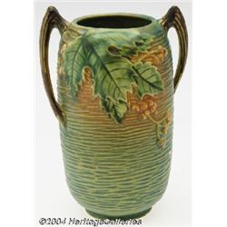 Roseville: A BUSHBERRY GREEN AMERICAN POTTERY HANDLED VASE (Roseville)