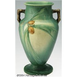 Roseville: A PINE CONE GREEN AMERICAN POTTERY VASE (Roseville)