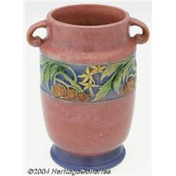 Roseville: A BANEDA PINK AMERICAN POTTERY MILK-CAN SHAPED VASE (Roseville)