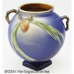 Roseville: A PINE CONE BLUE AMERICAN POTTERY VASE (Roseville)