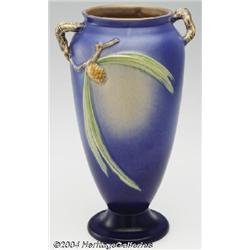 Roseville: A PINE CONE BLUE AMERICAN POTTERY VASE (Roseville)