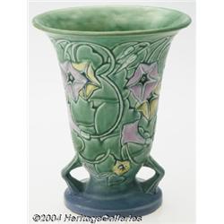 Roseville: A MORNING GLORY GREEN AMERICAN POTTERY VASE (Roseville)