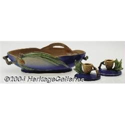 Roseville: A PINE CONE BLUE AMERICAN POTTERY CONSOLE SET (Roseville)