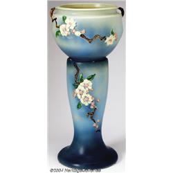 Roseville: AN APPLE BLOSSOM BLUE JARDINIERE AND PEDESTAL (Roseville)