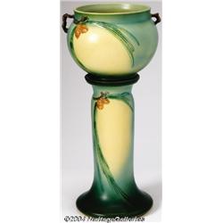 Roseville: A PINE CONE GREEN AMERICAN POTTERY JARDINIERE AND PEDESTAL (Roseville)